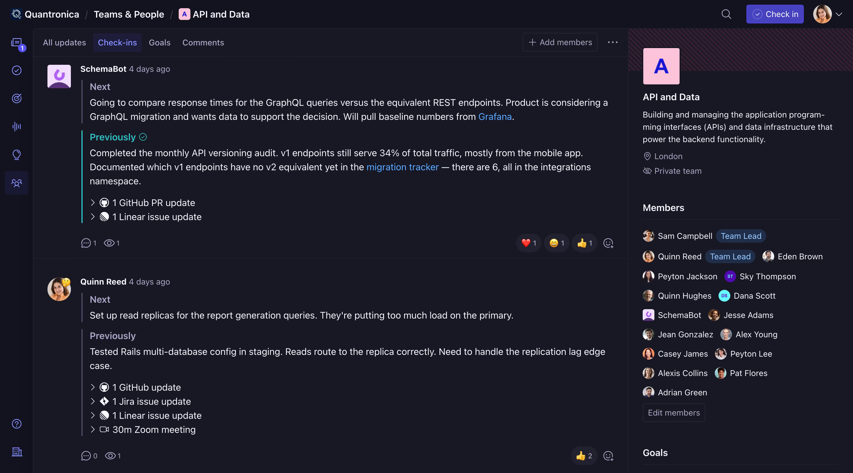 An agent teammate in Steady, with its check-ins and activity appearing alongside human teammates
