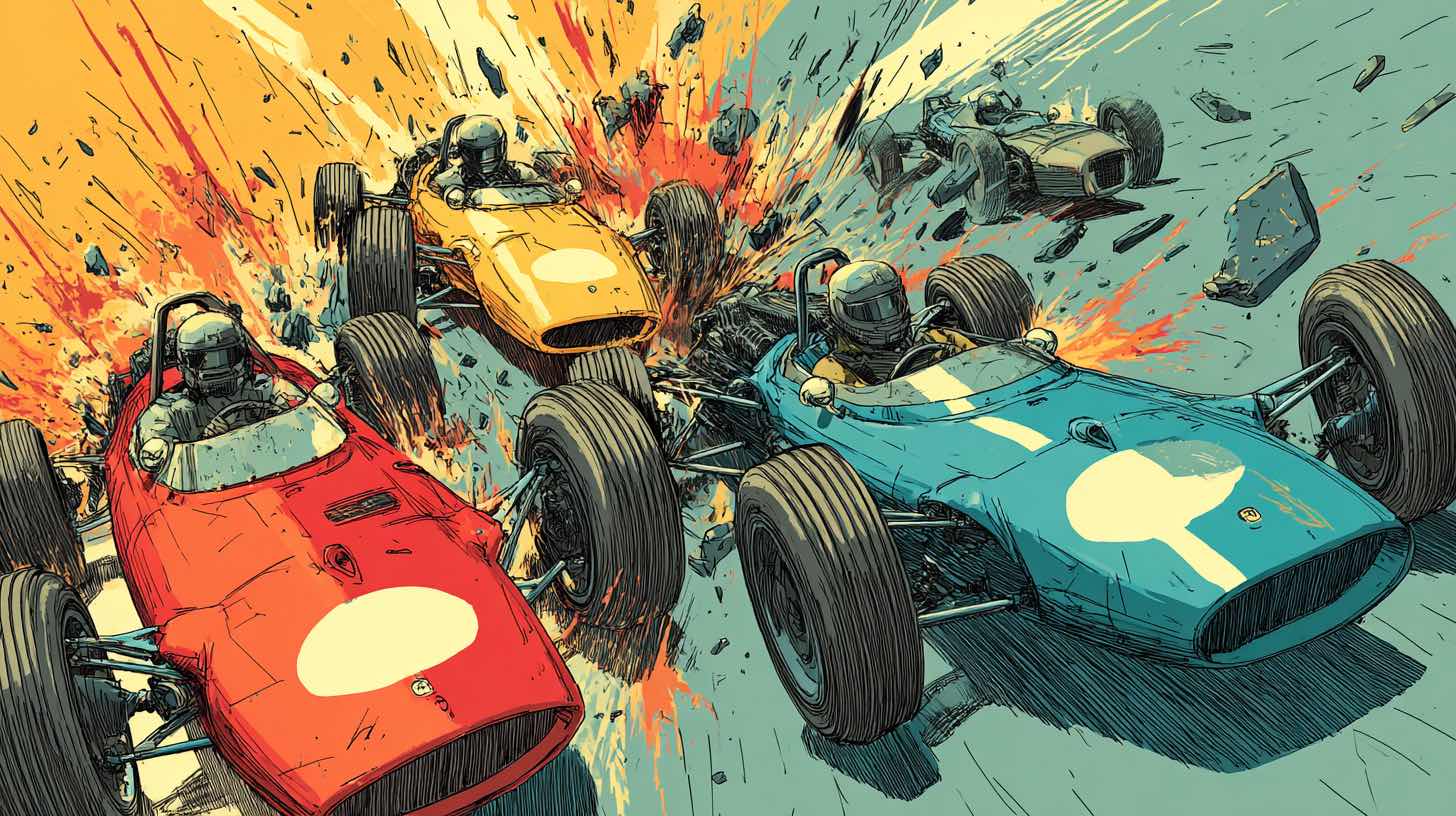 An illustration of race cars haphazardly crashing into each other