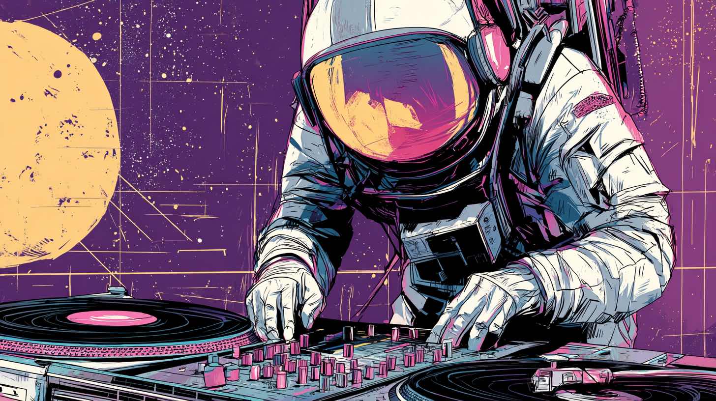 An astronaut spinning records