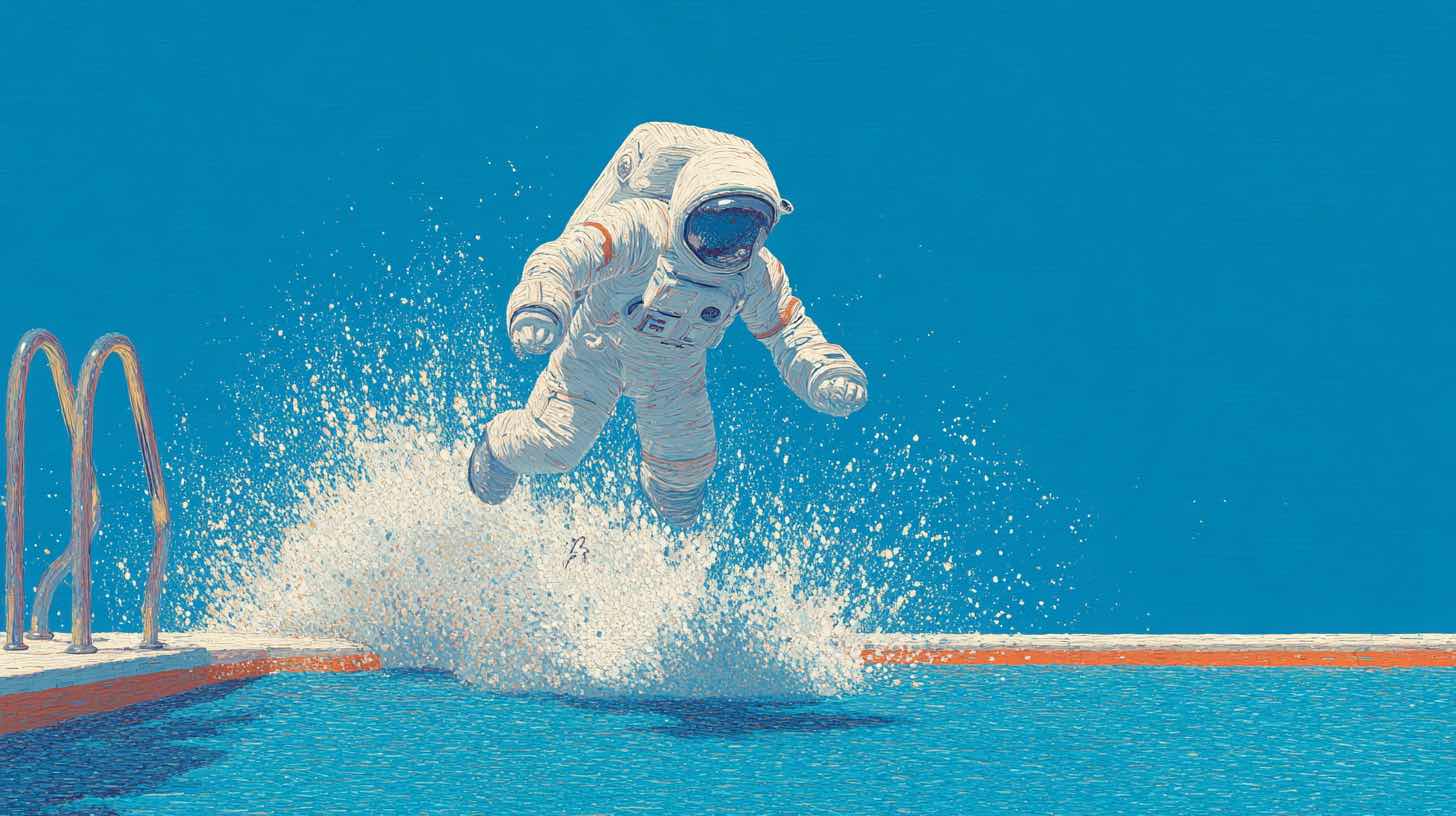 An astronaut diving into a pool