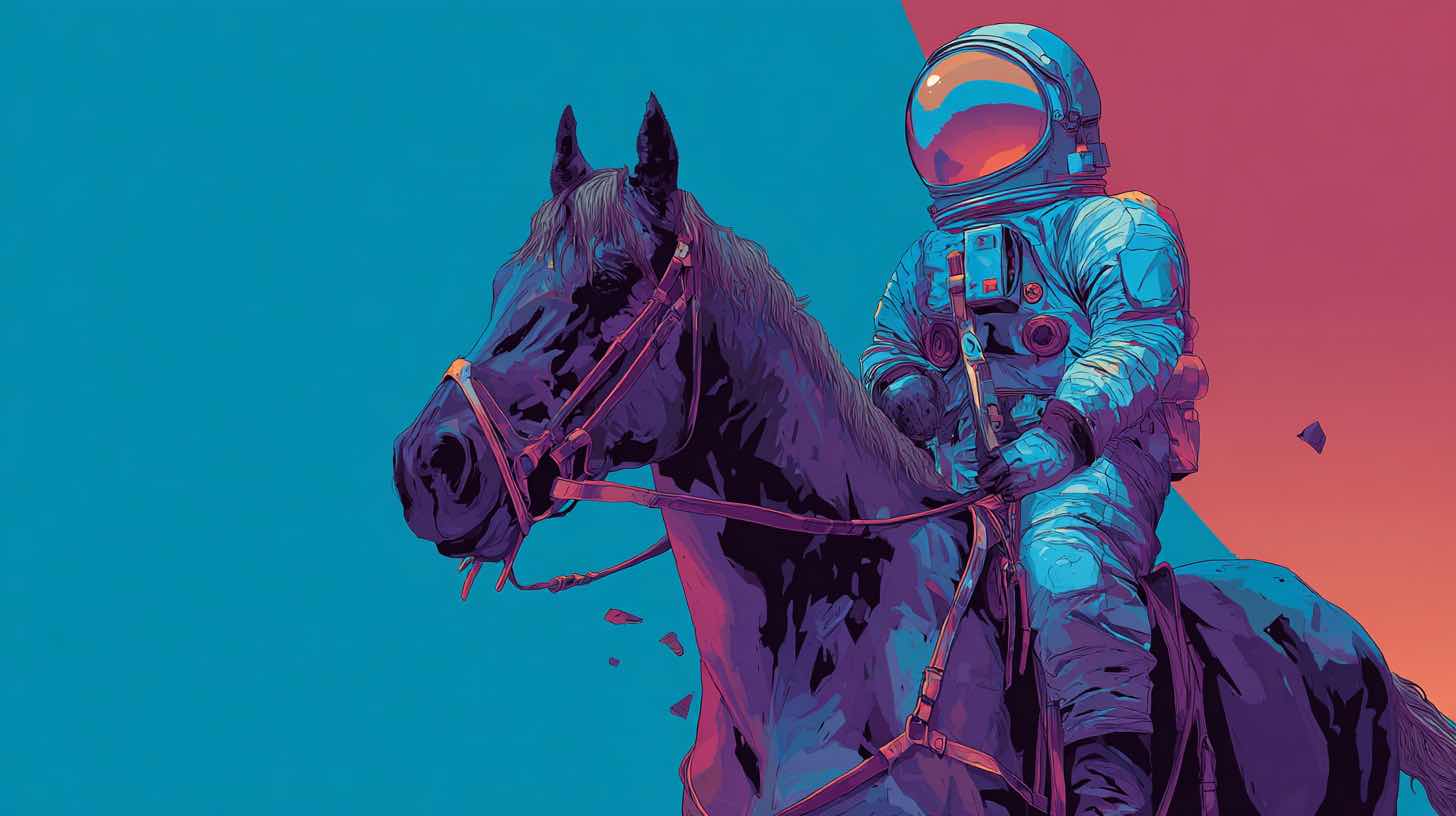 An astronaut reining in a horse
