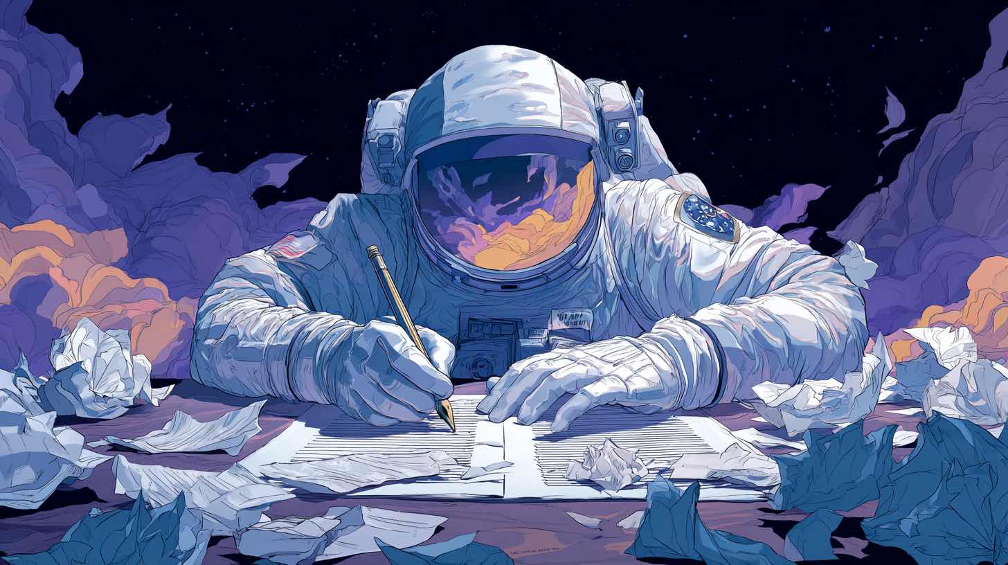 An astronaut thinking by writing