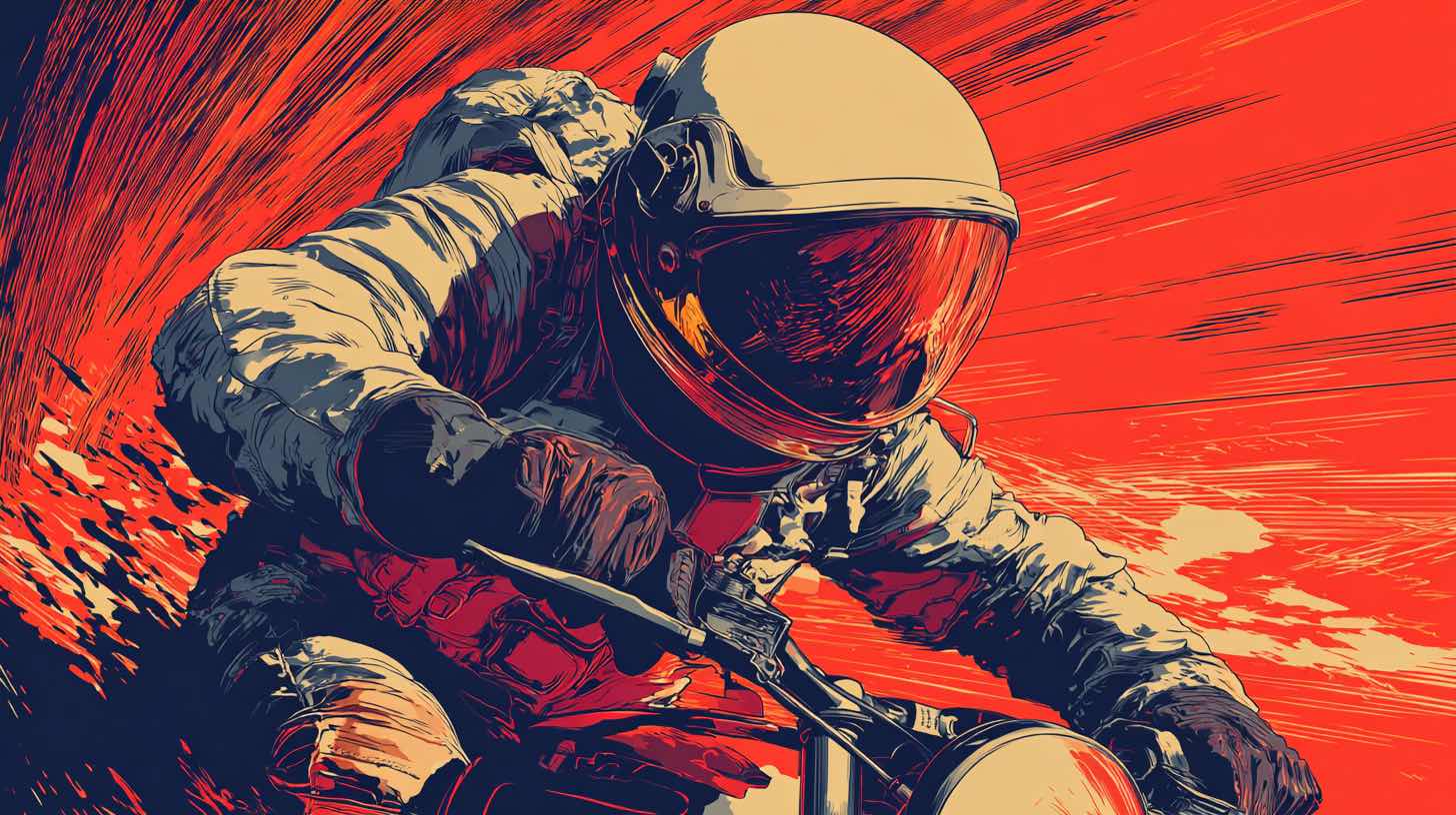 An astronaut braking on a motorcycle