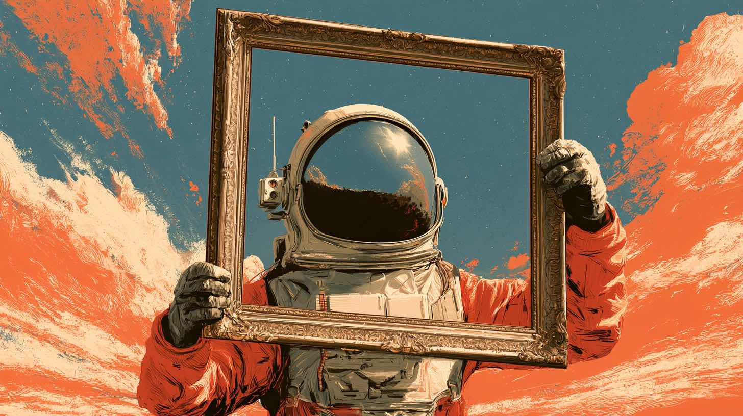 An astronaut peering through an empty picture frame