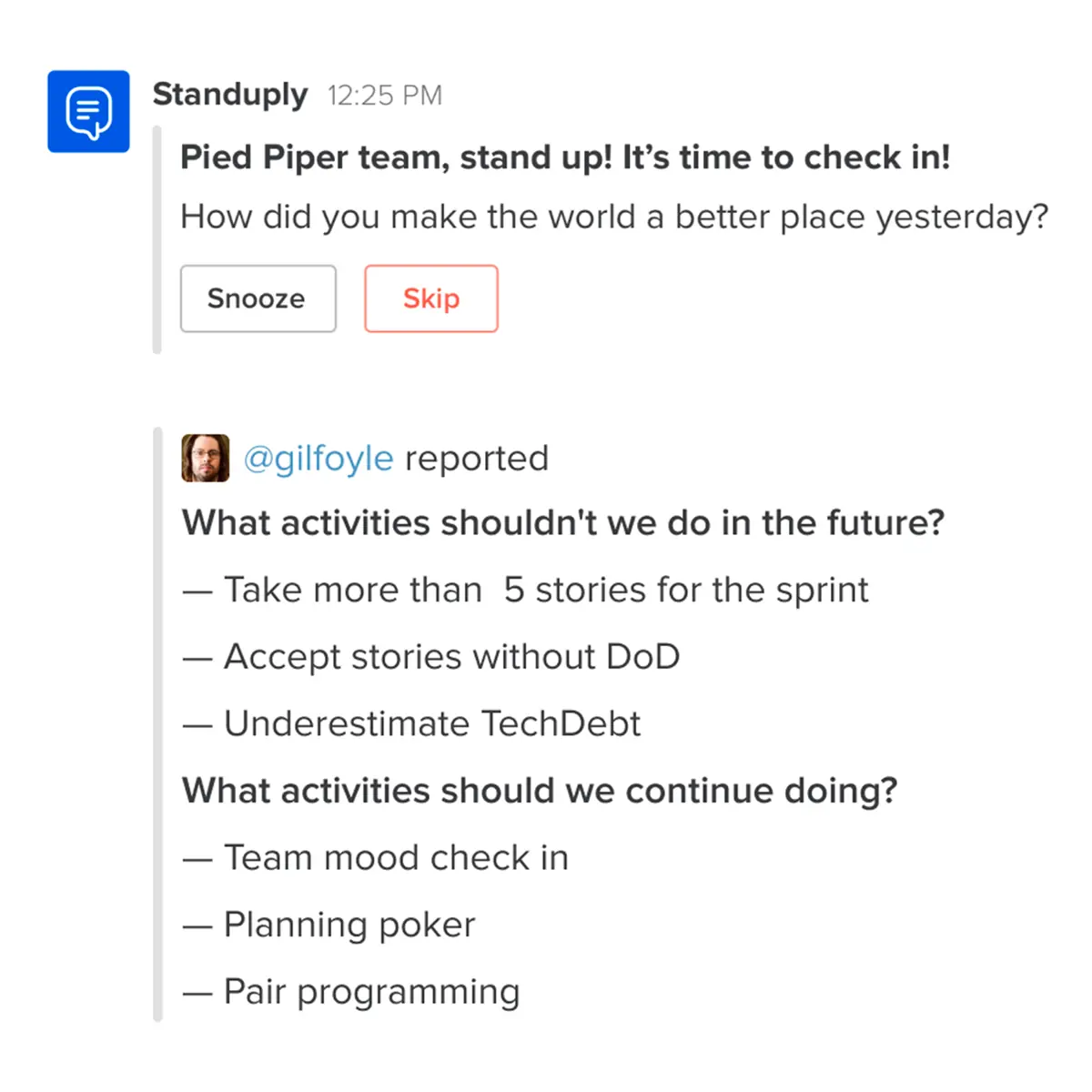 Standuply Agile ceremonies interface